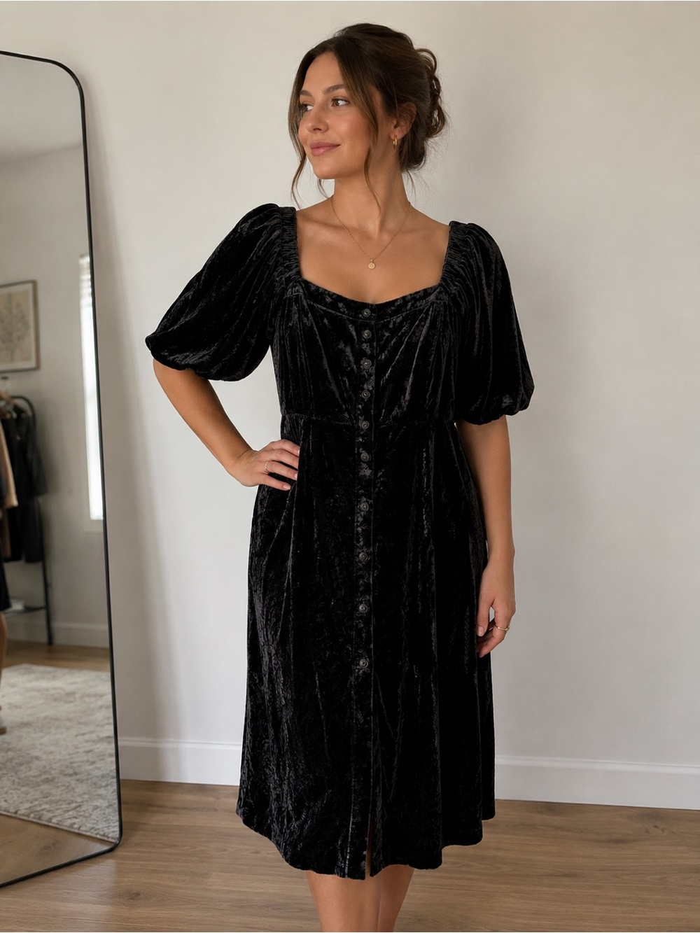 J.Crew Black Velvet Puff Sleeve Midi Dress Cottagecore Gothic Size 10 Office